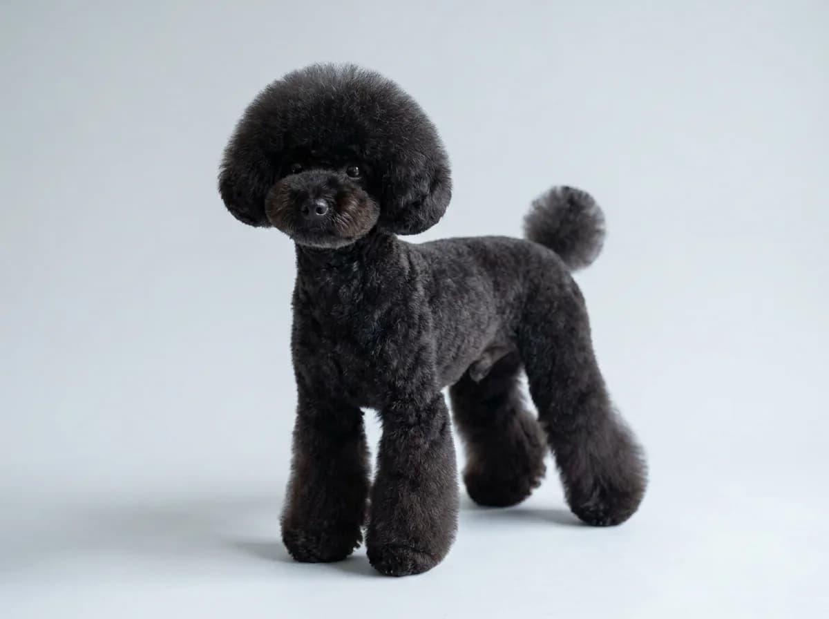 Black Toy Poodle in an Asian fusion cut with a large round head and flared bell-bottom legs