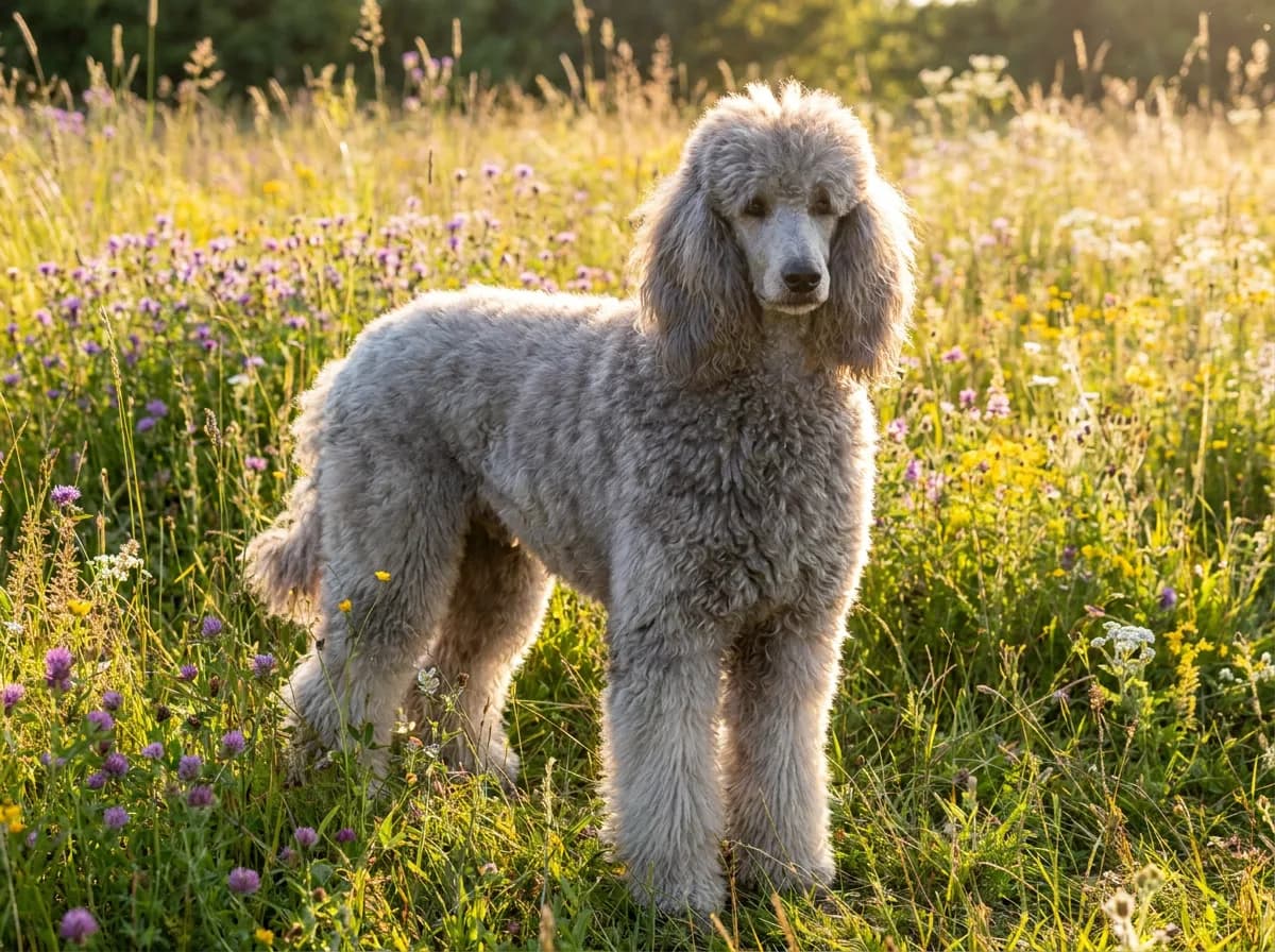 Silver-gray Standard Poodle with a long, fluffy, unclipped body coat and long ears in a wildflower meadow