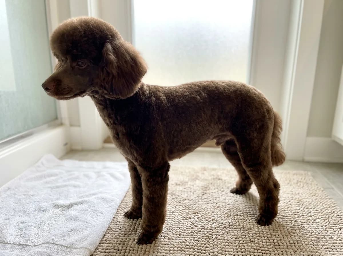 Chocolate Miniature Poodle in a close clip with a short, velvety body coat and full topknot on a bath mat