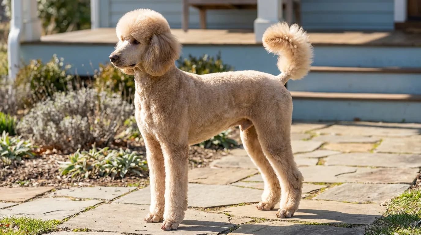 An adult café au lait Standard Poodle in a short pet clip standing on a flagstone path in a sunny front yard