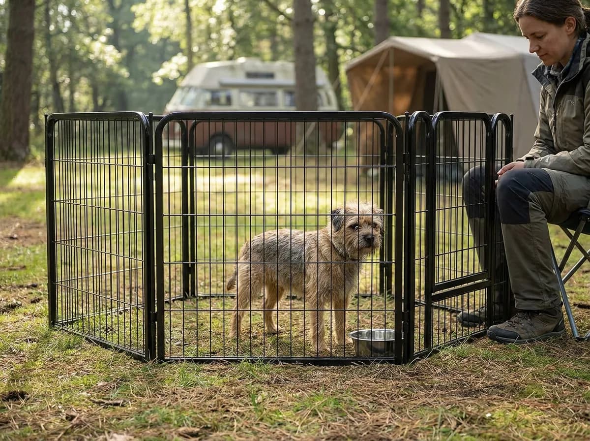 Small dog inside a metal exercise pen at a shaded campsite with an adult beside it