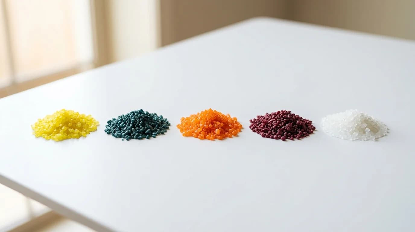 Five piles of color-changing crystal cat litter arranged in a row showing the yellow, blue-green, orange, red, and white shades from the Pretty Litter color chart.