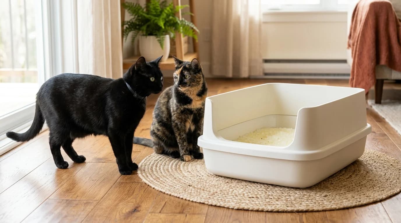 A black cat and a tortoiseshell cat near a clean modern litter box filled with yellow-tinted silica gel crystals in a sunlit home, illustrating a two-cat real-world Pretty Litter test.