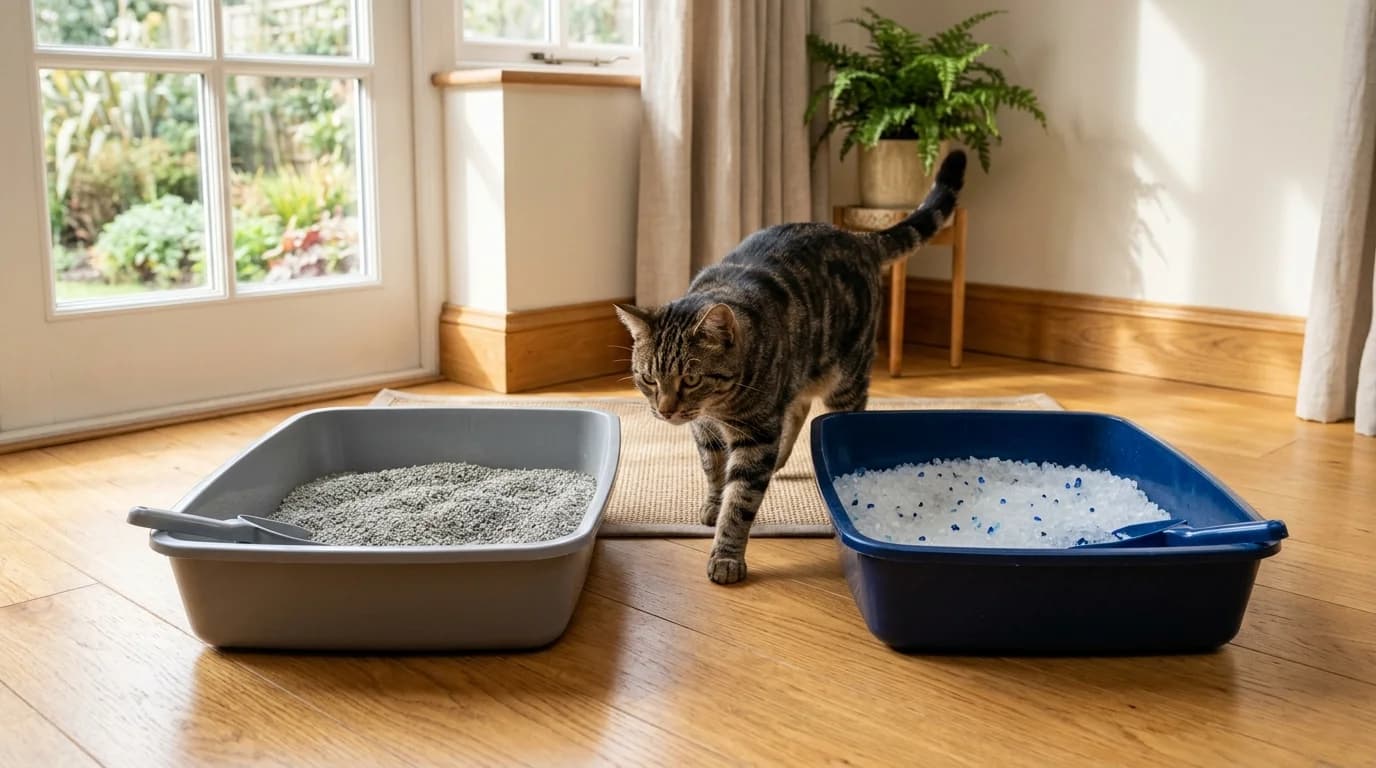 Two litter boxes side by side, one filled with traditional clumping clay and one with white silica crystal litter, with a tabby cat approaching, illustrating a gradual switch to Pretty Litter.