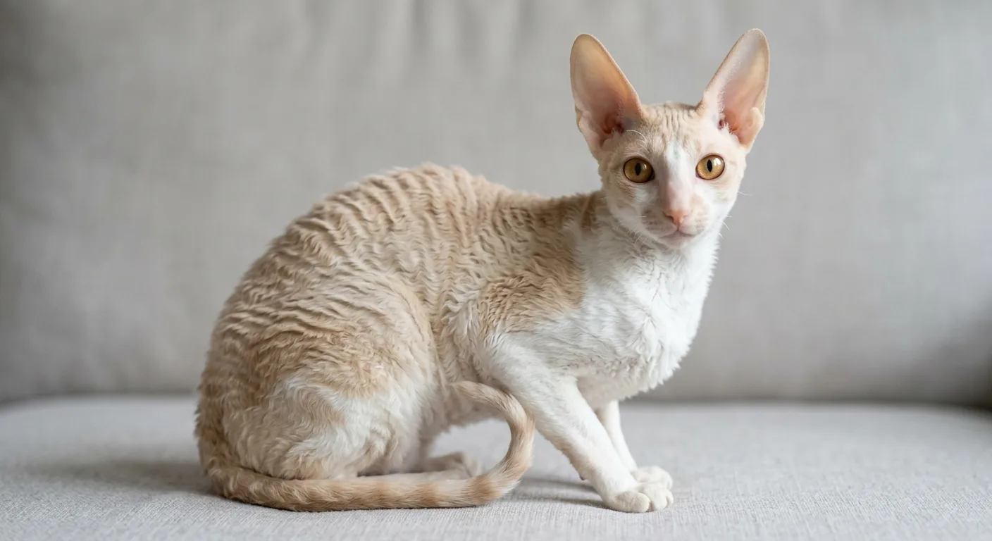 A cream and white Cornish Rex cat sitting upright on a grey sofa, its short wavy marcel coat and very large high-set ears clearly visible against a neutral background