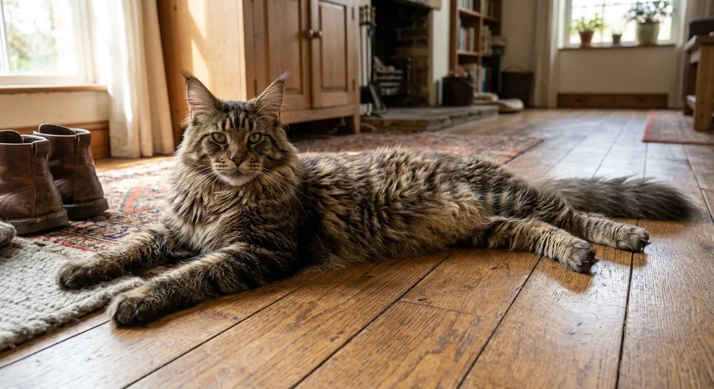 An exceptionally large Maine Coon cat stretched out to full length on a wooden floor, emphasizing its remarkable body length