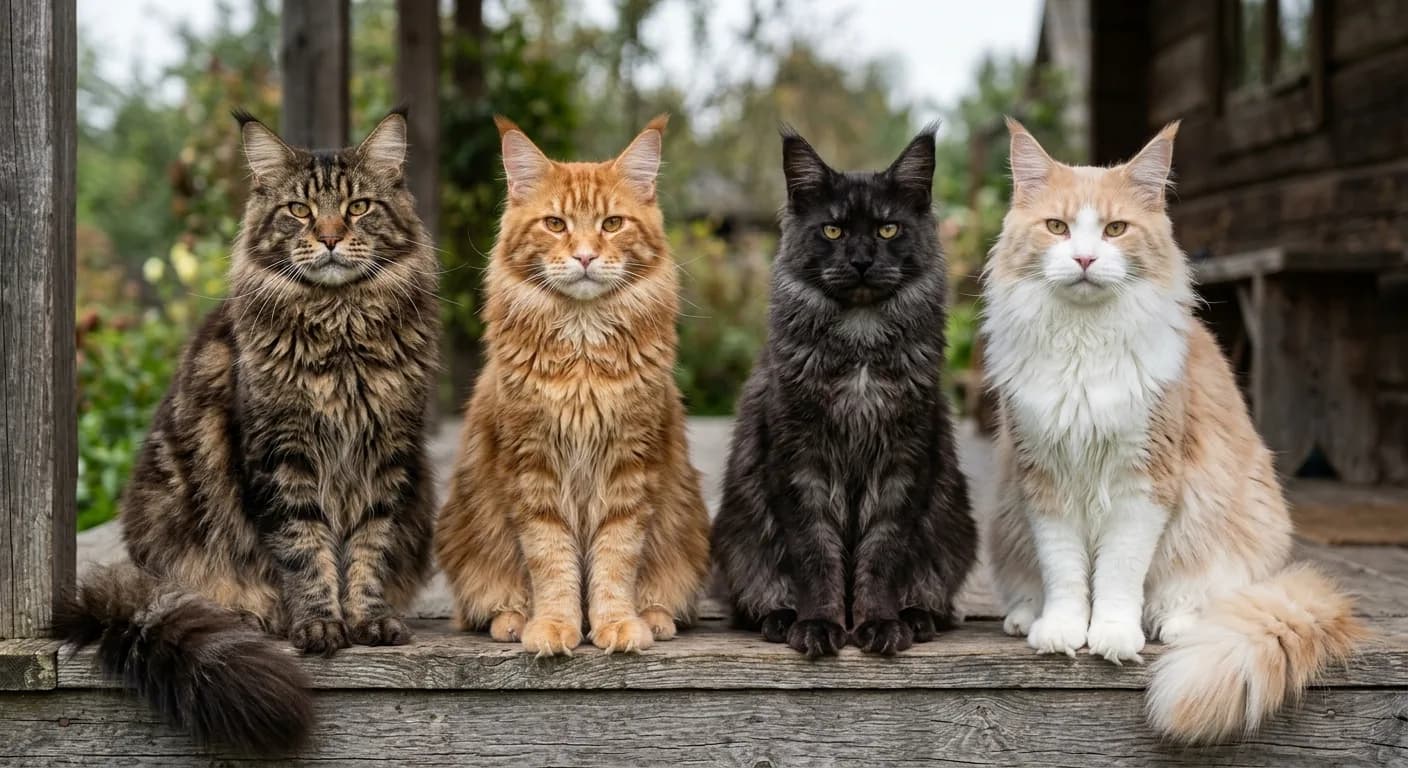 Four Maine Coon cats of different colors side by side, including brown tabby, red tabby, black smoke, and a cream and white bicolor