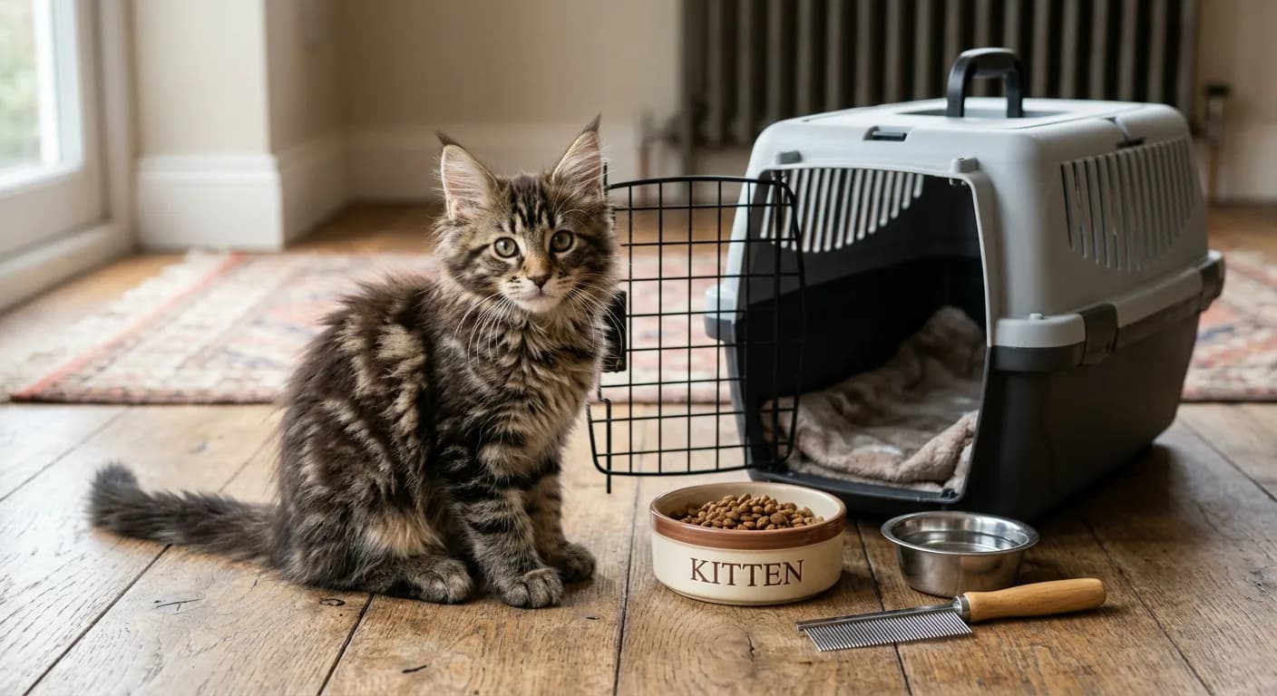 A Maine Coon kitten beside a cat carrier, food bowl, and grooming comb, representing the start-up costs of ownership