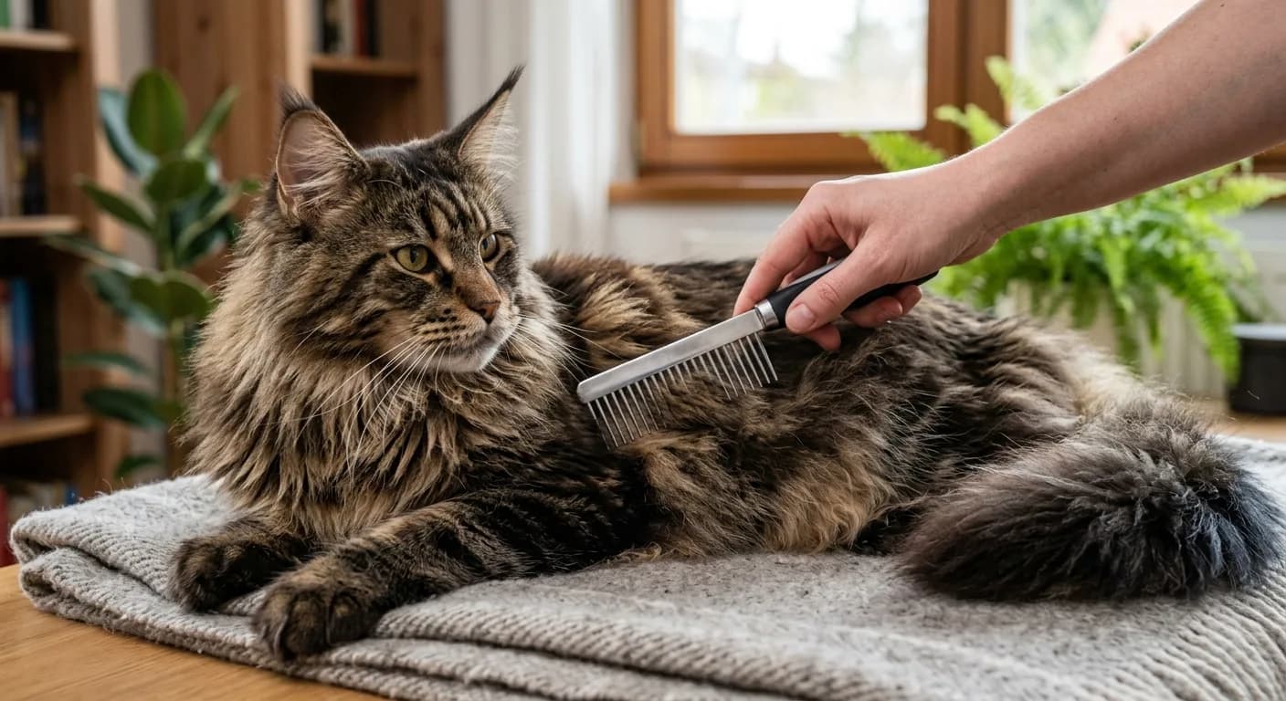 A hand combing the long shaggy coat of a Maine Coon cat with a wide-toothed steel comb