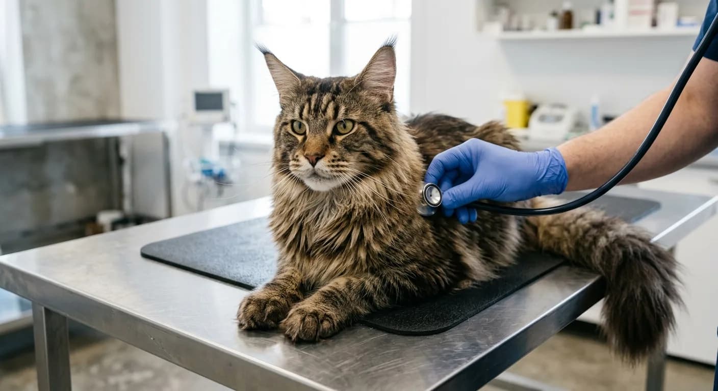 A Maine Coon cat being examined by a veterinarian with a stethoscope on a clinic exam table