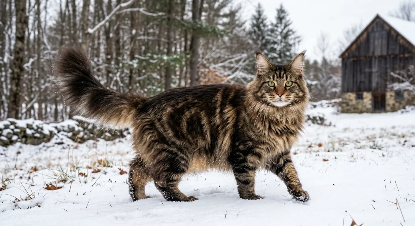 A brown tabby Maine Coon cat with a thick winter coat standing in light snow in a rural New England setting