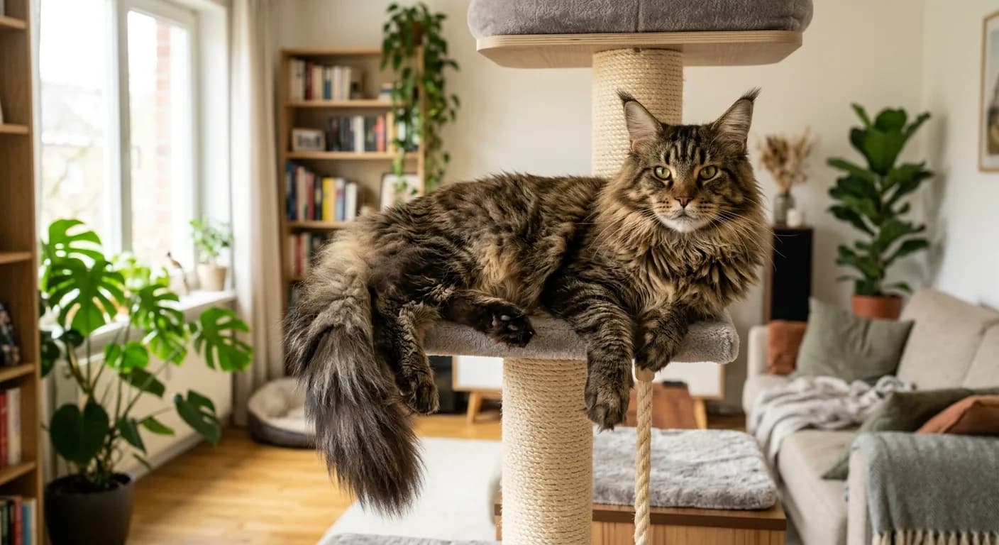 A Maine Coon cat relaxing on a tall cat tree in a bright living room, comfortable and at home indoors