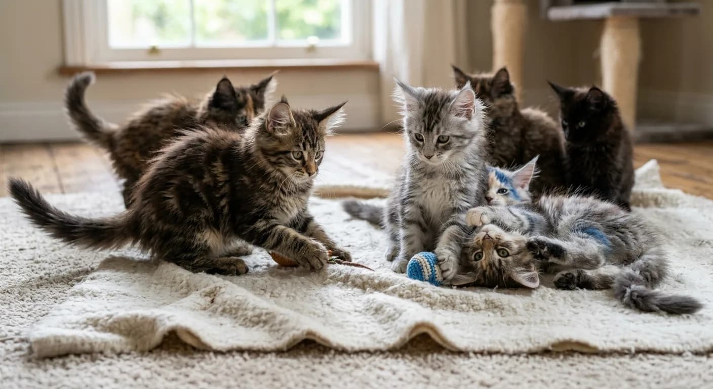 A litter of fluffy Maine Coon kittens with tufted ears playing together on a soft blanket