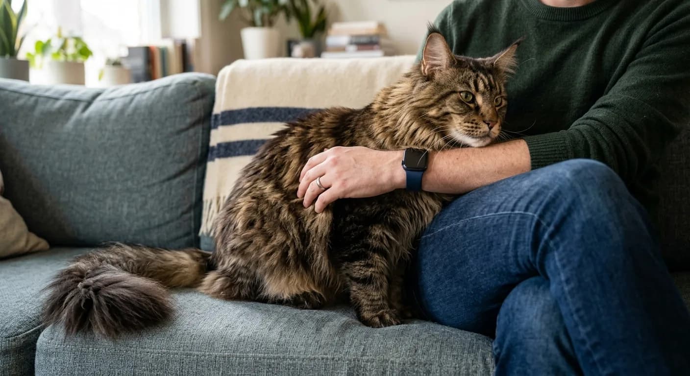 A Maine Coon cat sitting calmly beside a person on a couch, leaning in affectionately, illustrating the dog-like bond