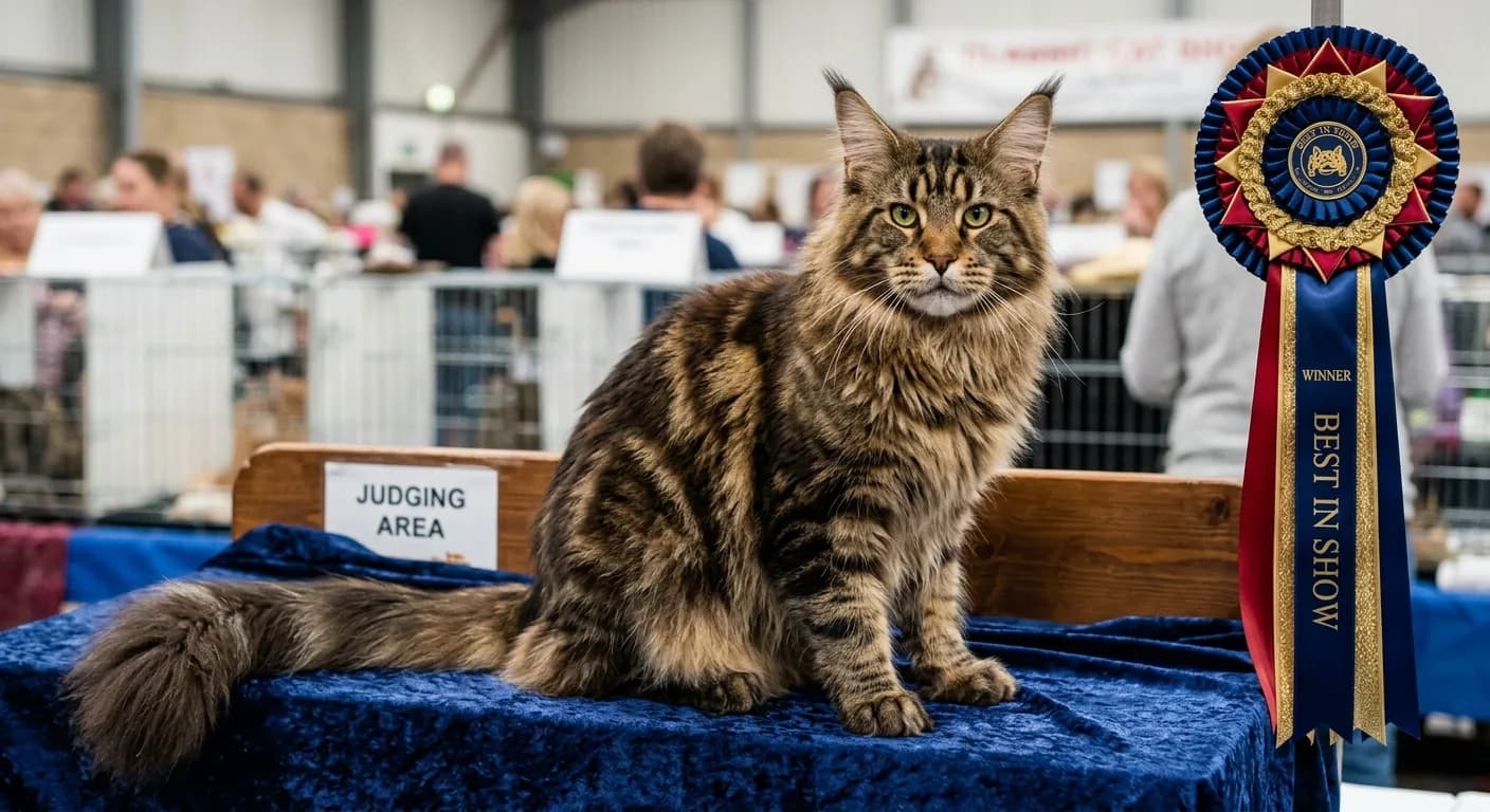 A brown tabby Maine Coon cat posed on a draped show bench beside a winner ribbon, evoking a classic cat show setting