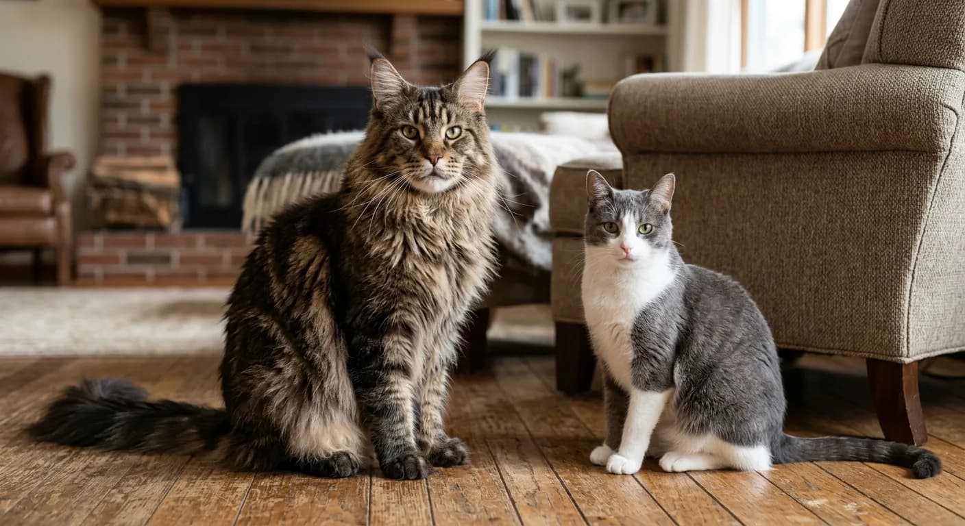 A large adult Maine Coon cat sitting next to a standard house cat for size comparison, showing the dramatic size difference