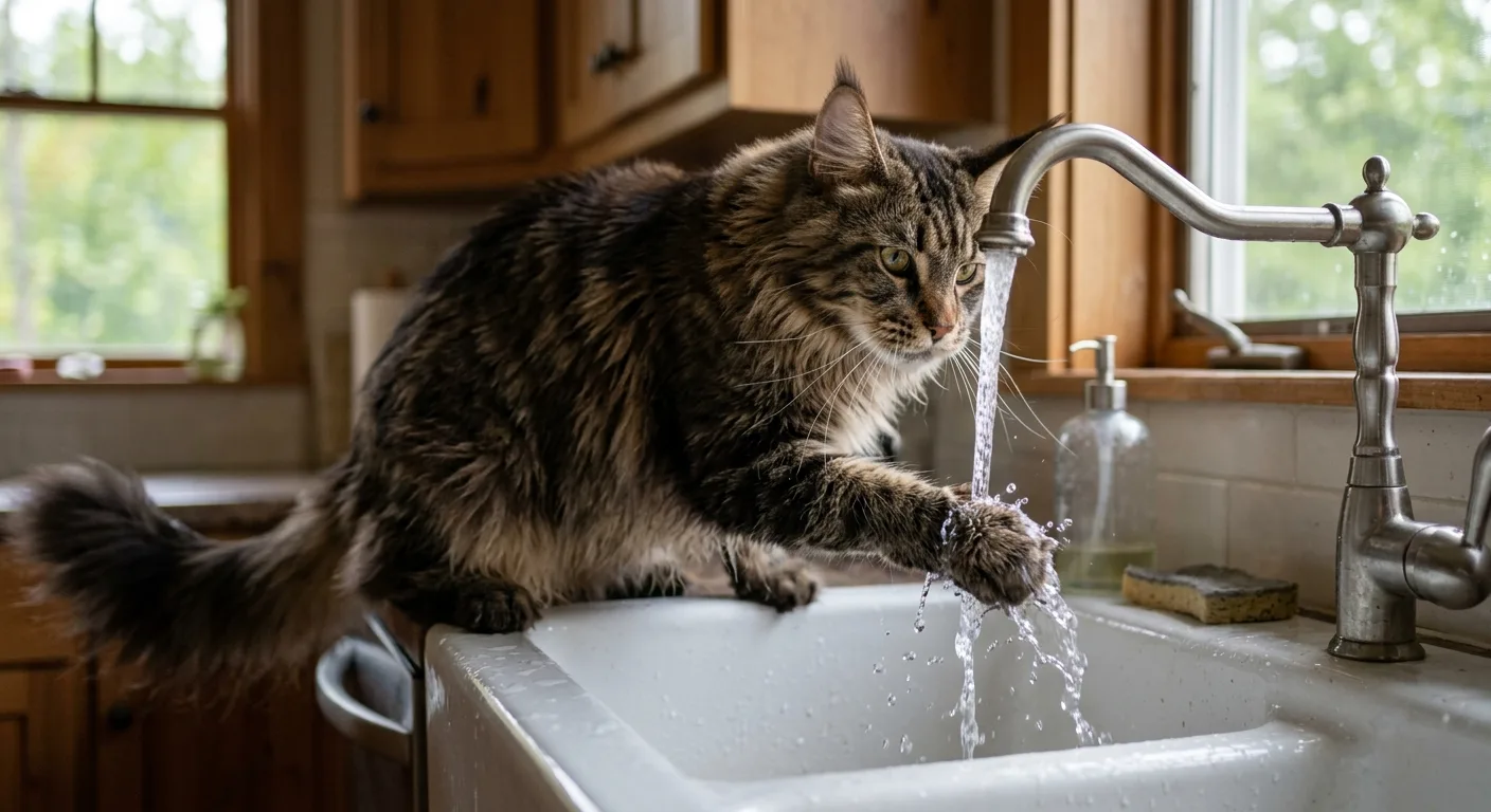 A Maine Coon cat curiously pawing at running water from a faucet, illustrating the breed's well-known fascination with water