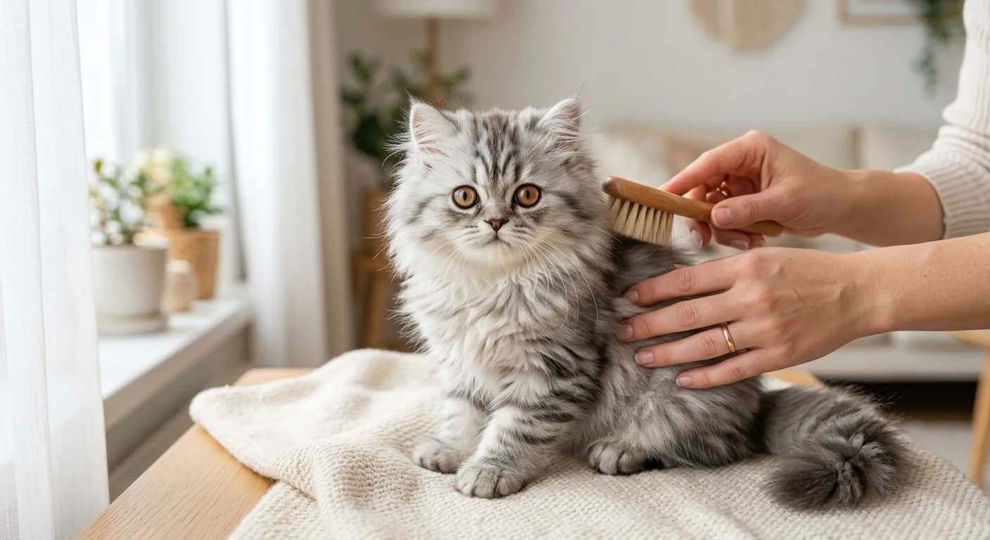 A fluffy silver tabby Persian kitten with round eyes being gently brushed with a soft grooming brush in a bright home