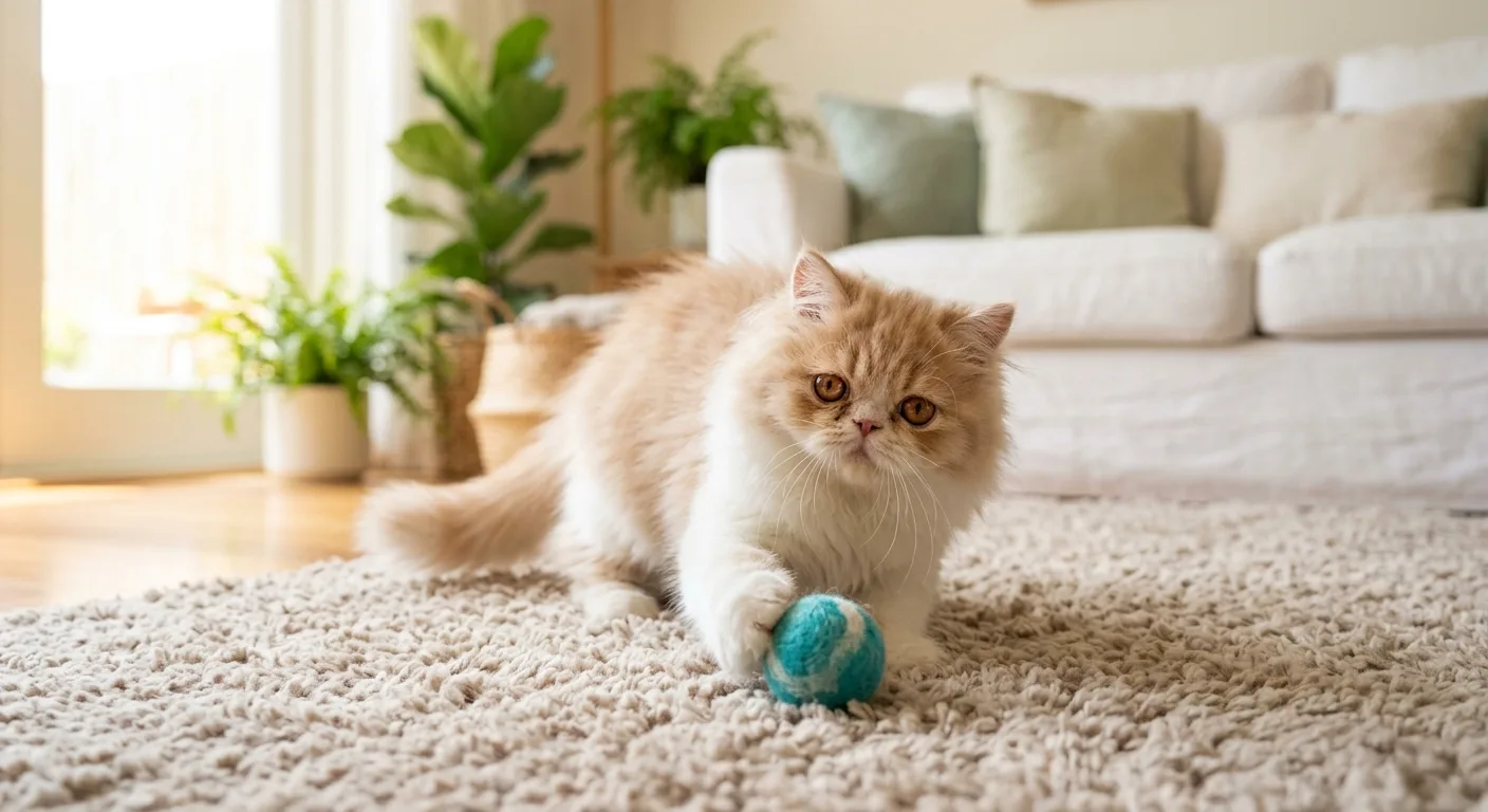 A cream and white fluffy Persian kitten playing with a small felt ball toy on a soft rug