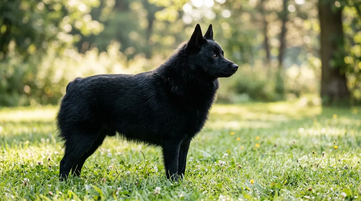 A jet-black adult Schipperke standing alert in profile on a grassy lawn, fox-like pricked ears up, showing the ruff and sloped tailless rear, bright m