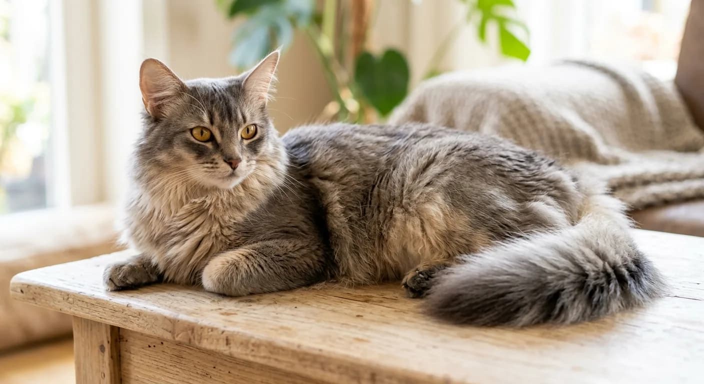 A blue Somali cat resting on a light wood surface showing the soft blue-gray ticking over cream undercoat with large ears and bushy tail visible