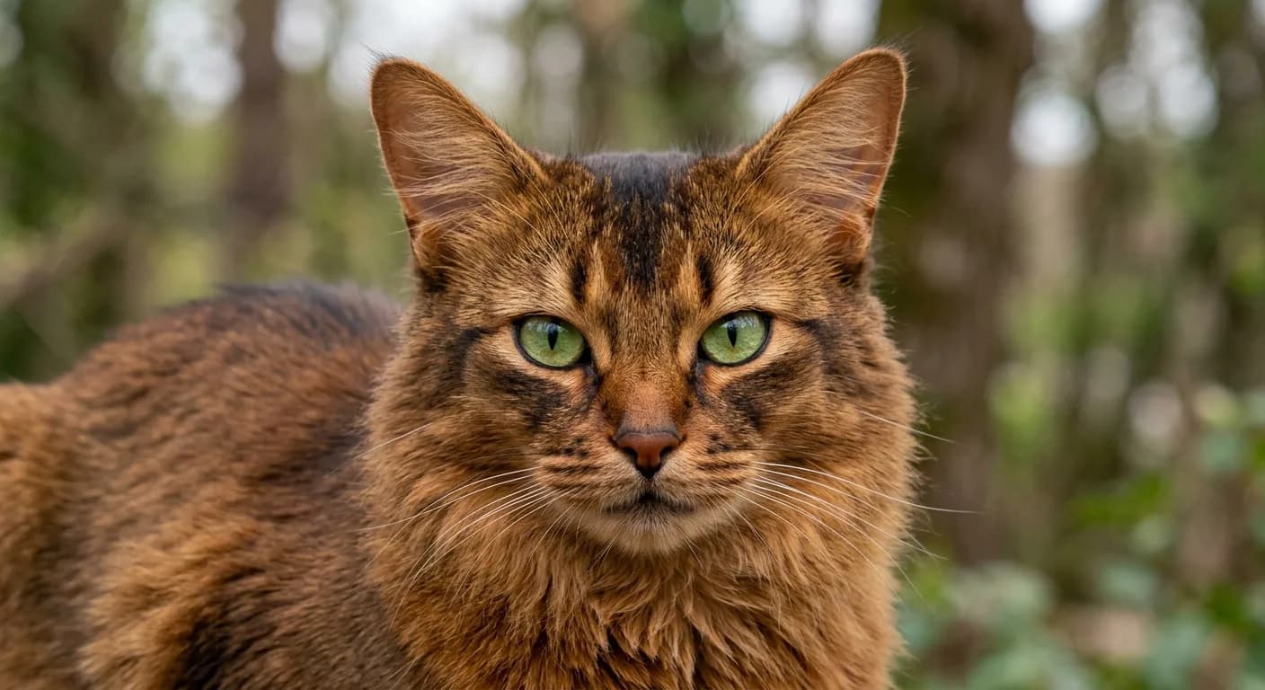 Close-up of a Somali cat face centered on almond-shaped green eyes with the characteristic dark eyeliner ring, warm ruddy fur framing the face