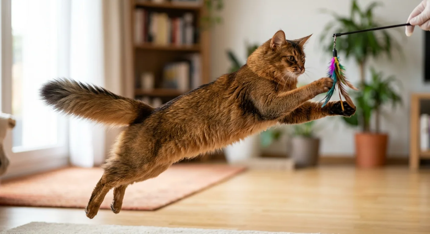 A ruddy Somali cat mid-leap toward a feather wand toy showing the athletic muscular body and full bushy tail in mid-air