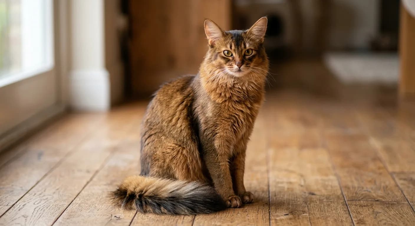A ruddy Somali cat sitting upright with its full bushy fox tail curved around its feet, showing large tufted ears and ticked agouti coat in warm indoor light