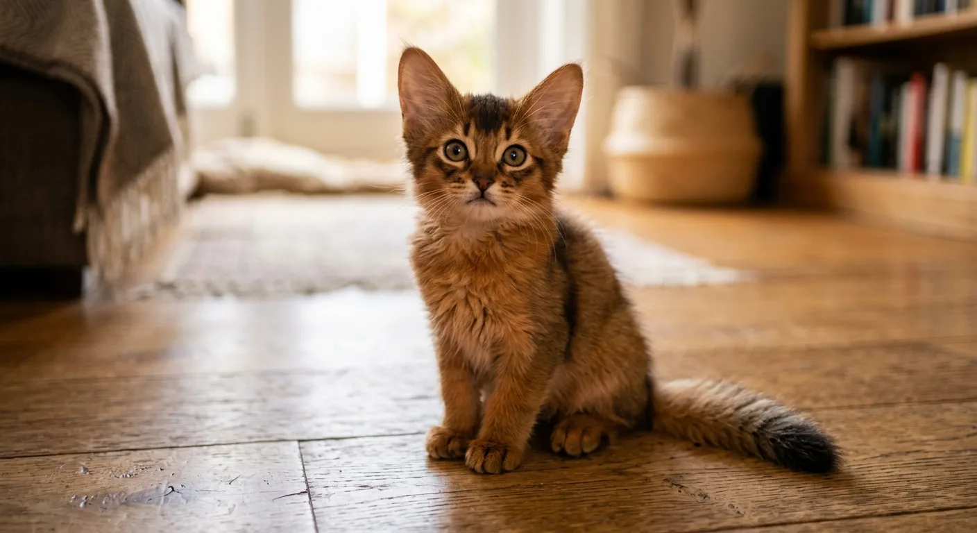 A ruddy Somali kitten sitting on a wooden floor looking up at the camera showing oversized ears relative to its small face and beginning ticked coat pattern with a fluffy kitten tail