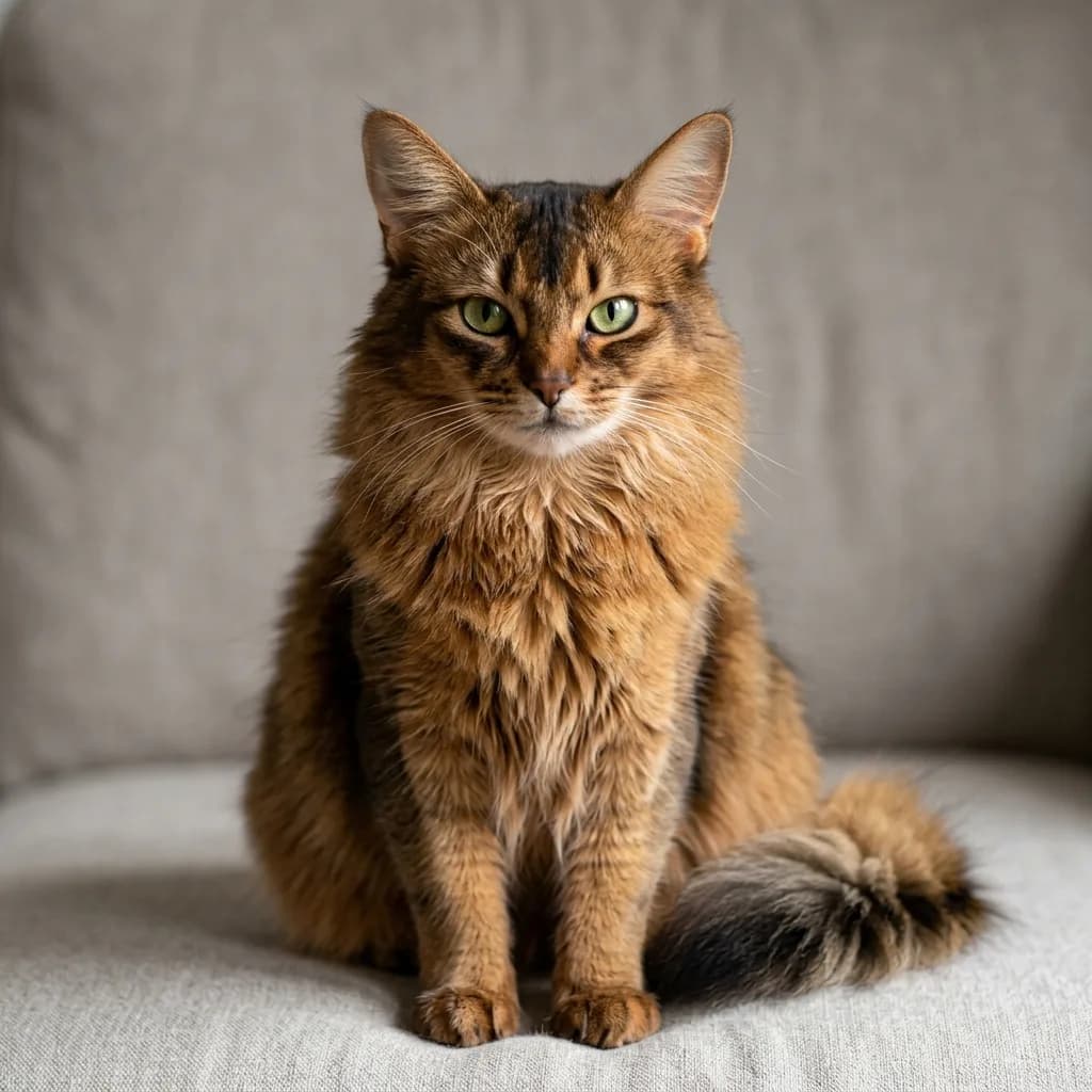 Head-on portrait of a Somali cat showing large forward-tilting ears, prominent facial eyeliner markings, almond-shaped green eyes, and neck ruff fur