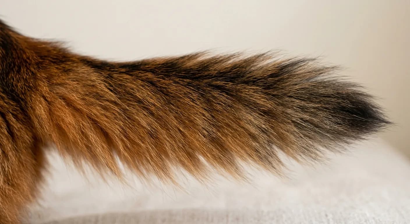 Close-up of a Somali cat tail showing the densely furred bushy plume-like tail fanned out against a neutral background with dark ticking visible along each hair