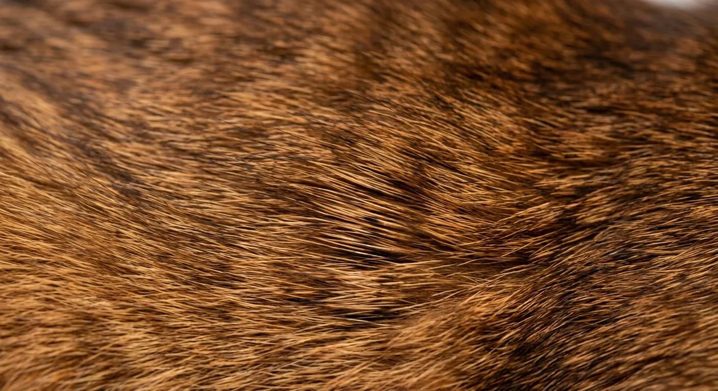 Extreme close-up of a ruddy Somali cat flank showing the agouti banding on individual hairs with alternating dark brown and apricot color bands