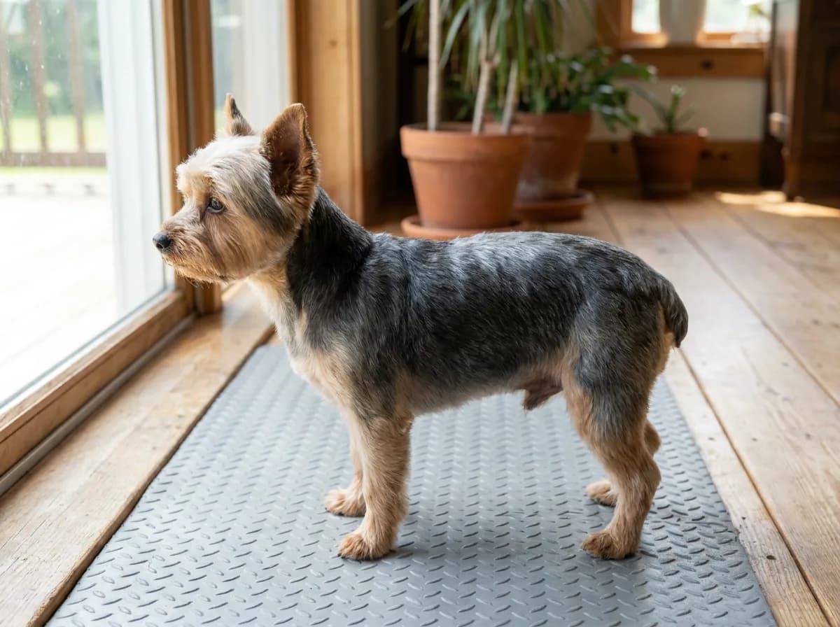 Yorkshire Terrier with an even short trim standing on a textured mat by a window.