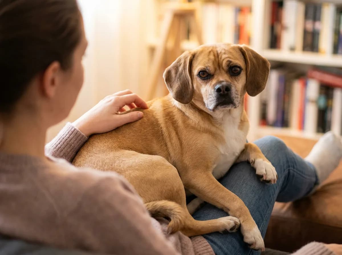 Puggle resting across a seated person’s lap