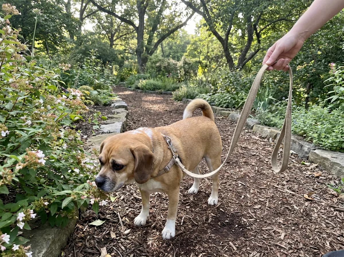 Puggle sniffing beside a garden path on a loose lead