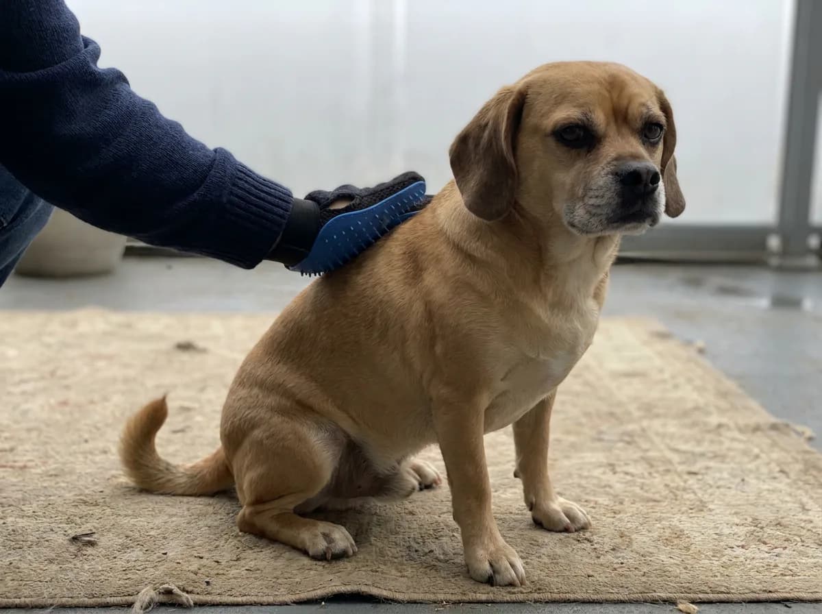 A person grooming a seated Puggle with a rubber brush