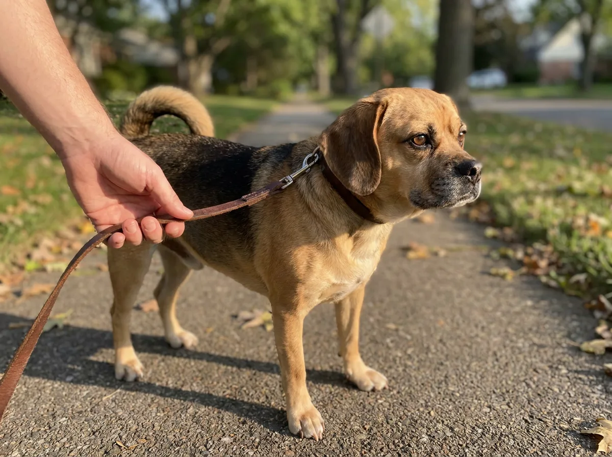 Adult Puggle standing beside an owner during a neighborhood walk