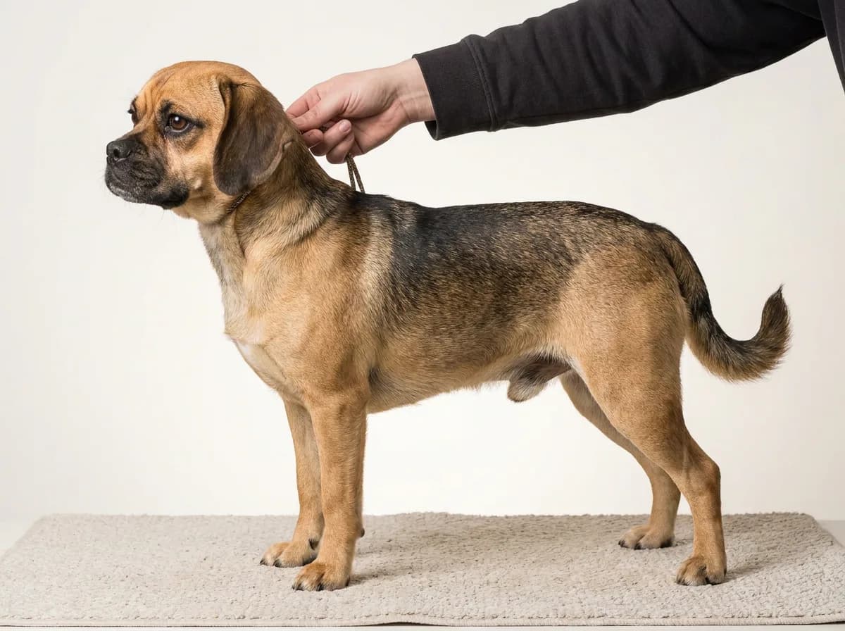 Puggle standing in side profile with its waist and legs visible