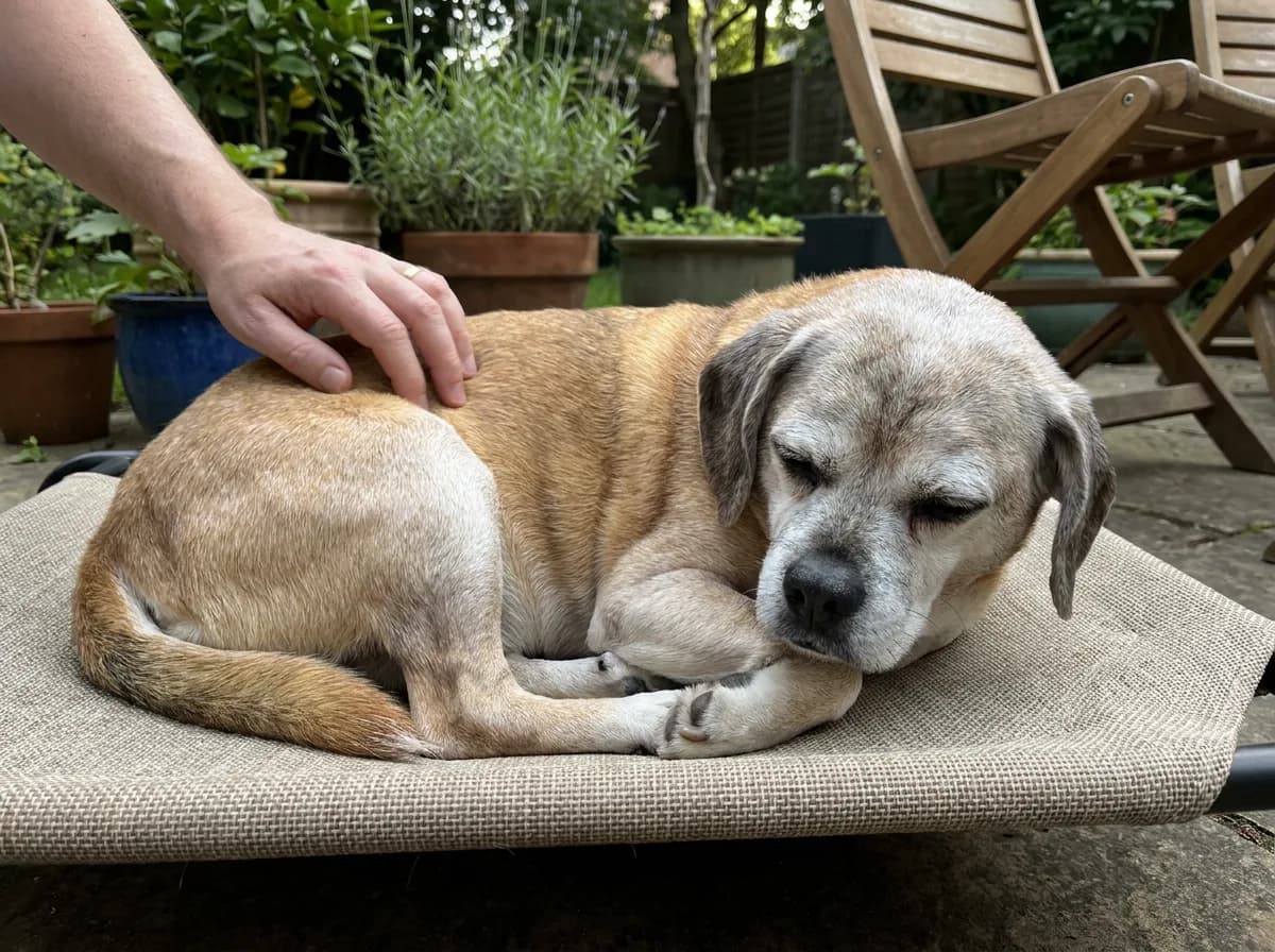 Older gray-muzzled Puggle curled on a low cushion