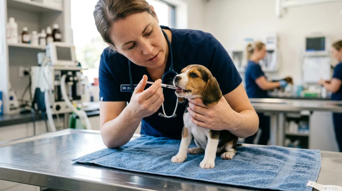 A veterinarian in scrubs gently giving a small liquid-dewormer dose from an oral syringe into the mouth of an 8-week-old puppy on a stainless steel exam table, close-up, bright clinic lighting