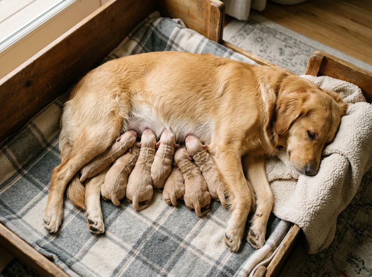 A litter of newborn nursing puppies clustered against their mother dog inside a soft whelping box, warm natural light, overhead angle showing the mother lying on her side