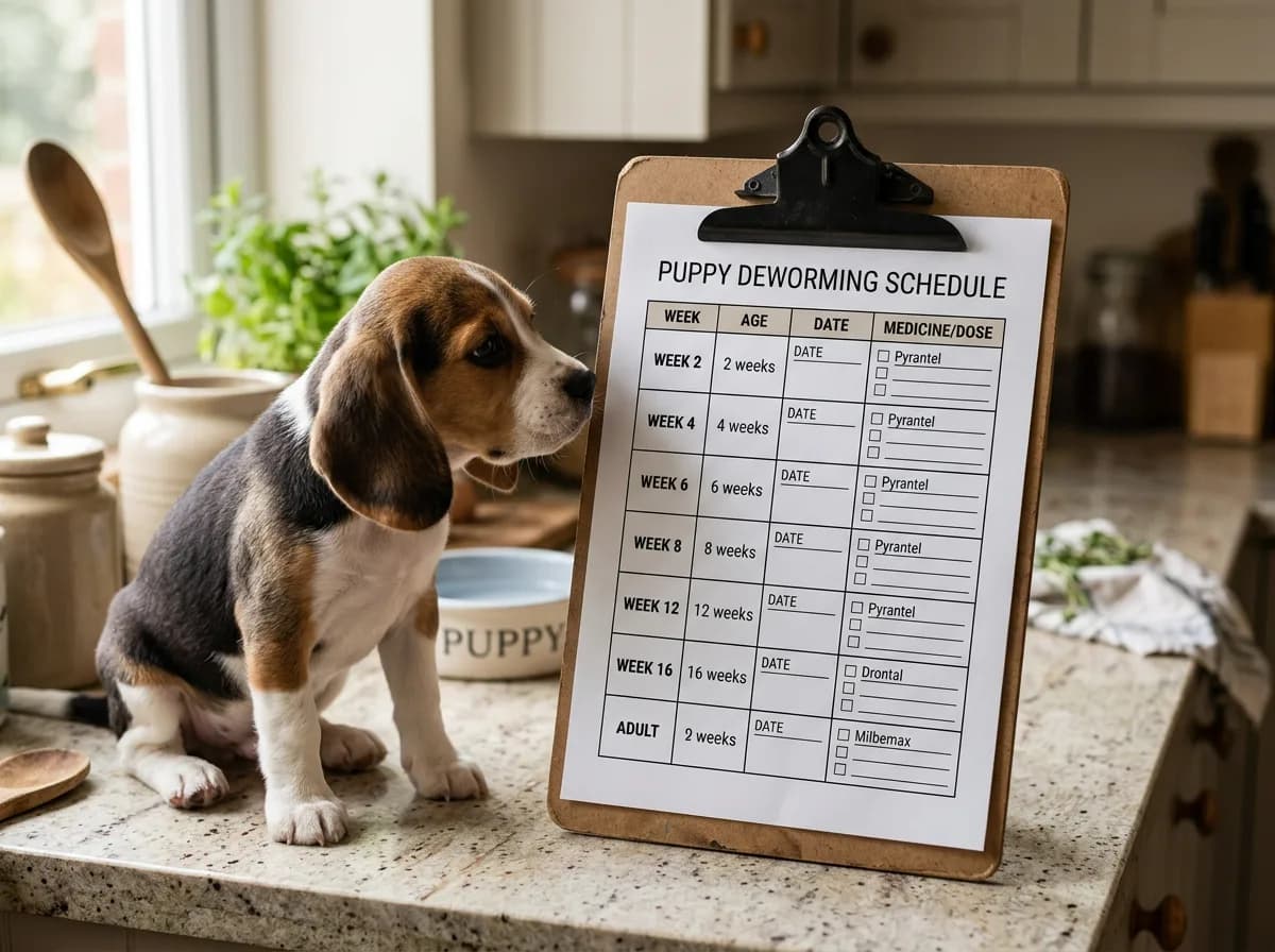 A printable by-age puppy deworming schedule chart on a clipboard resting on a kitchen counter next to a curious beagle puppy, chart clearly showing week markers, soft home lighting