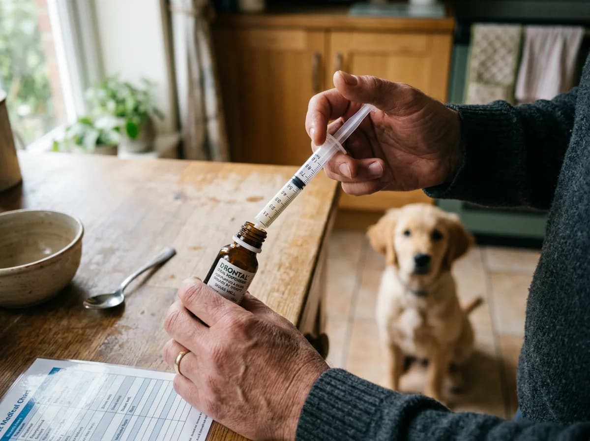 Close-up of a pet owner's hands drawing a weight-based liquid dewormer dose into an oral syringe from a small bottle at a kitchen counter, a puppy waiting in the softly blurred background