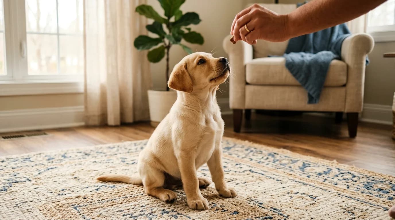 An 8-week-old yellow Labrador puppy sitting attentively on a living room rug looking up at a person's hand holding a small training treat, warm natura