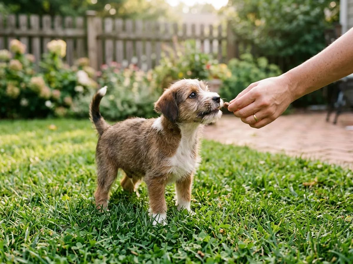 A small mixed-breed puppy standing on green grass in a backyard mid-potty-training, a person's hand extending a treat in reward, soft morning light