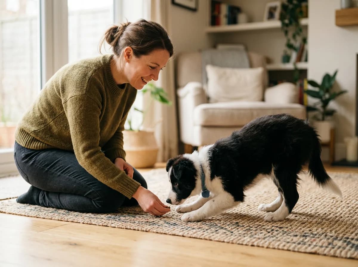 A person kneeling on the floor teaching a young Border Collie puppy to lie down with a treat lure, the puppy mid-fold with elbows lowering, soft indoo