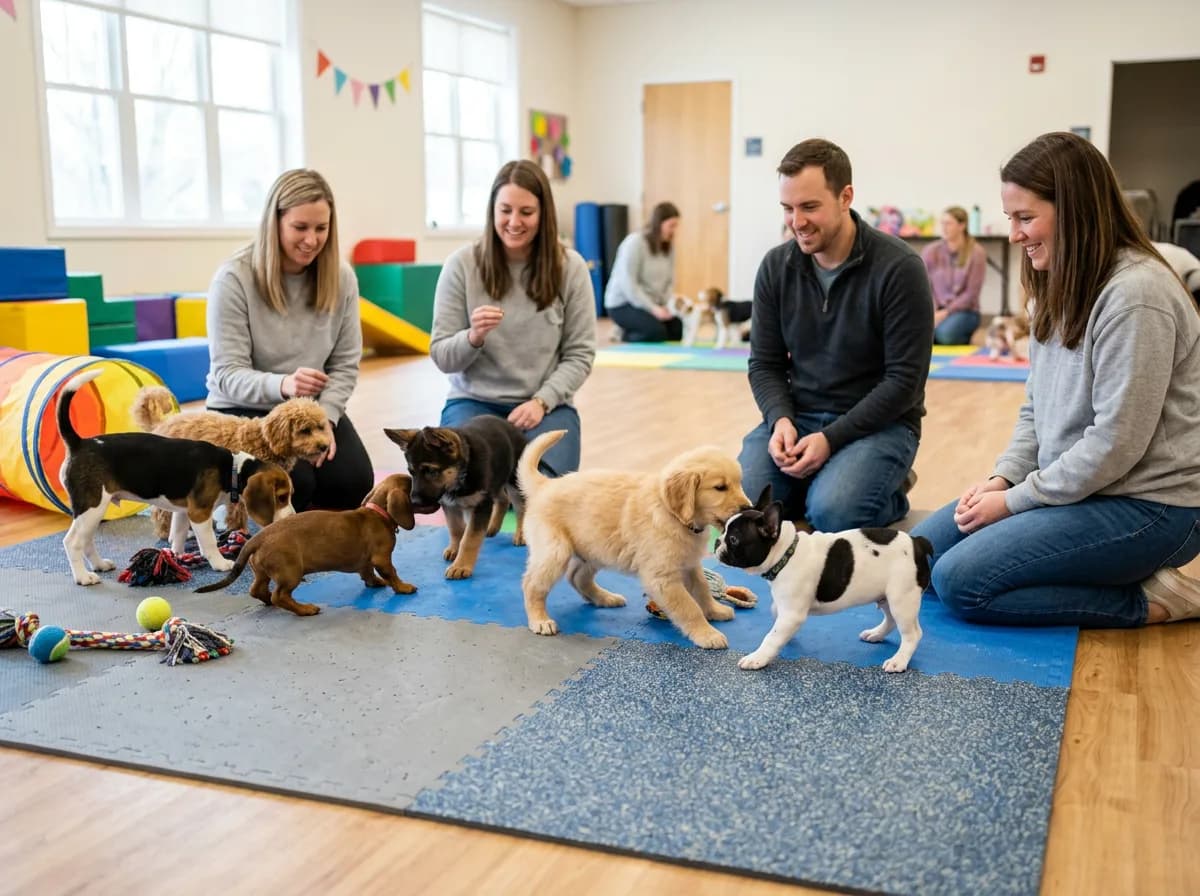 A puppy in a well-run indoor puppy socialization class, several puppies of different breeds on a clean mat with owners kneeling nearby, bright even li