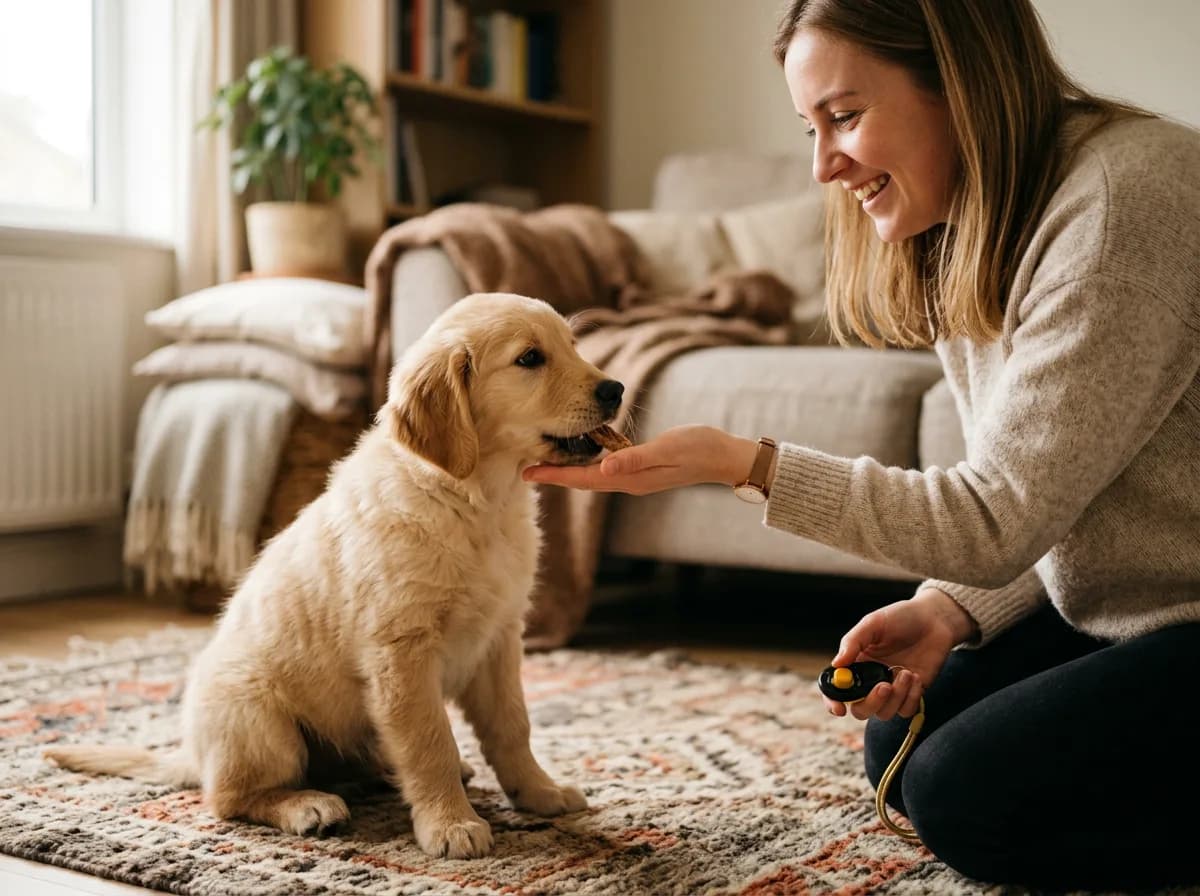 A puppy receiving a treat from an open palm the instant after sitting, the owner smiling, a clicker visible in the other hand, warm cozy home setting