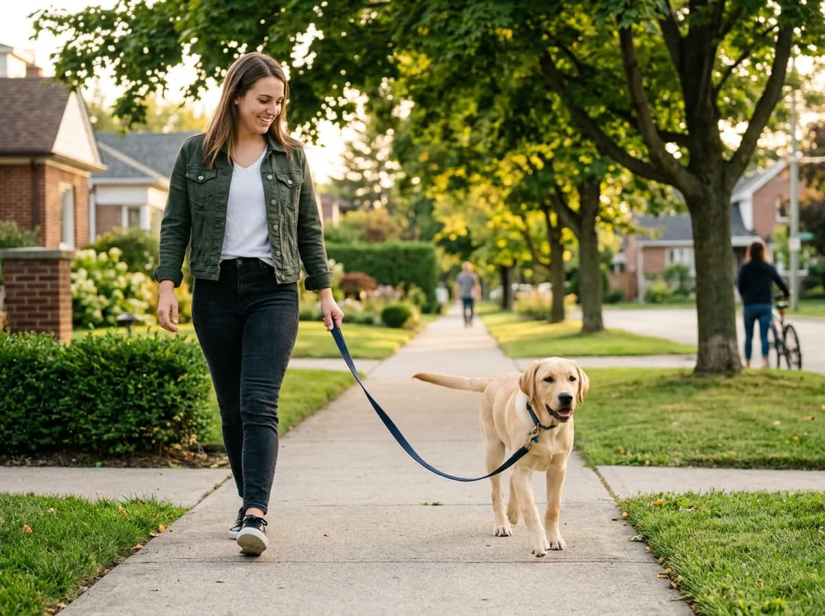 A confident 6-month-old dog walking on a loose leash beside its owner on a suburban sidewalk, ears relaxed and tail neutral, late afternoon light