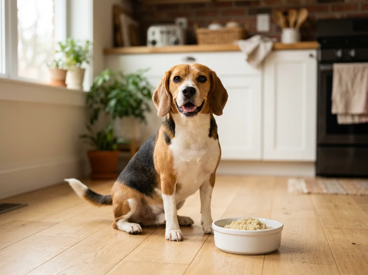 Can dogs eat quinoa: a beagle beside a bowl of plain cooked quinoa on a kitchen floor